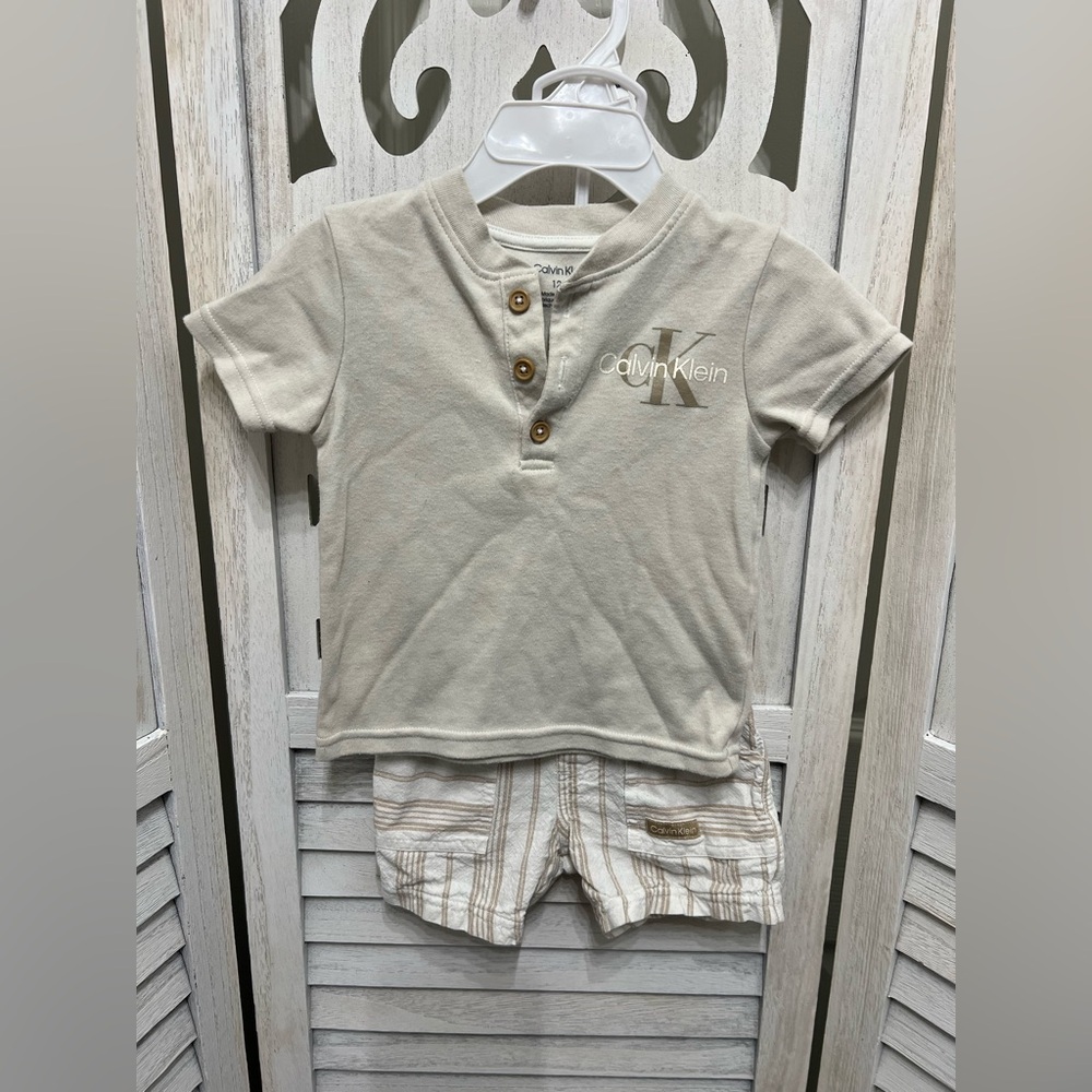 Calvin Klein Cream Henley Top with Striped Cream & White Shorts